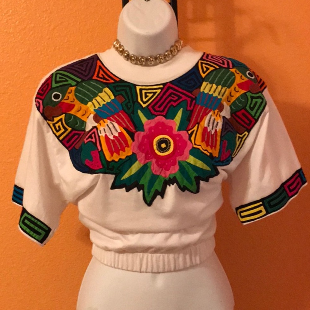 Embroidered Multicolored Elastic Waist Crop Top